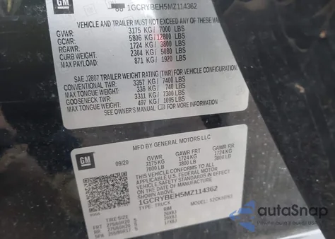 2021 Chevrolet Silverado 1500 4Wd Standard Bed Custom z USA, uszkodzony, nr VIN 1GCRYBEH5MZ114362